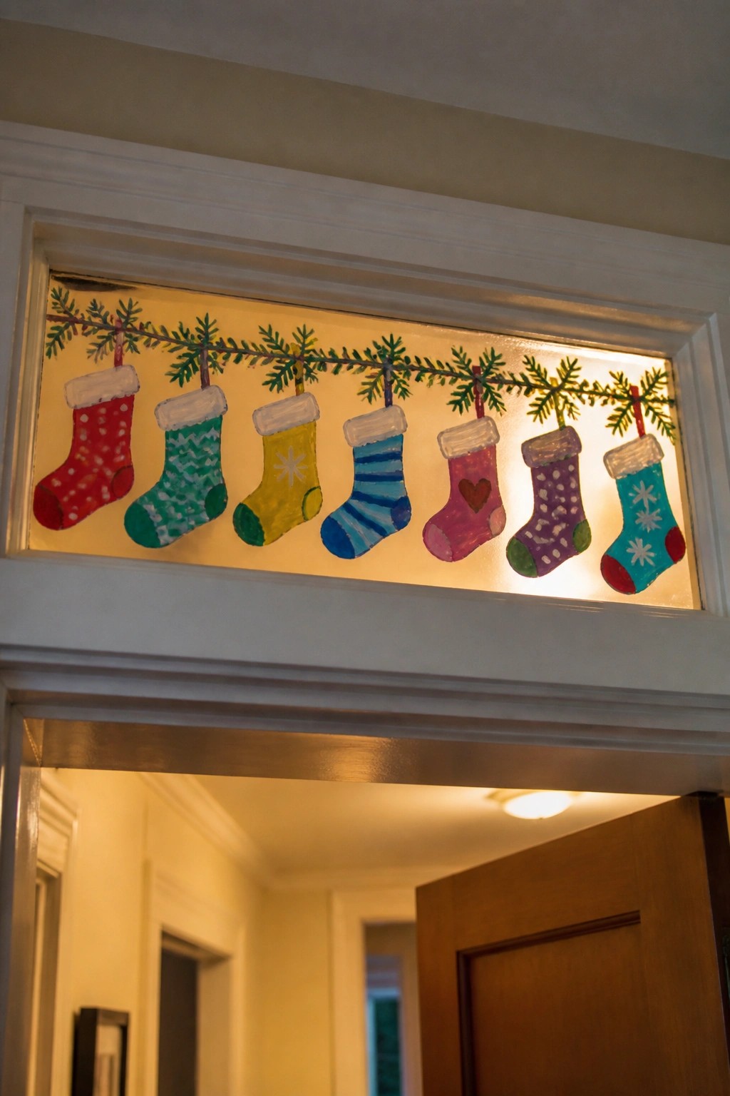 Seven colorful Christmas stockings hanging from a lit pine garland in a window transom