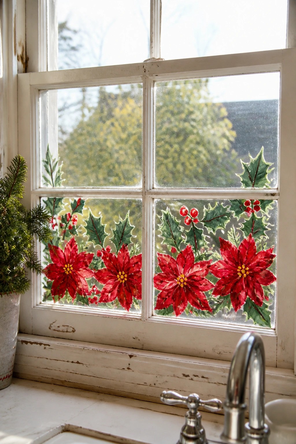 White window with red poinsettia and holly decals, potted plant, faucet below