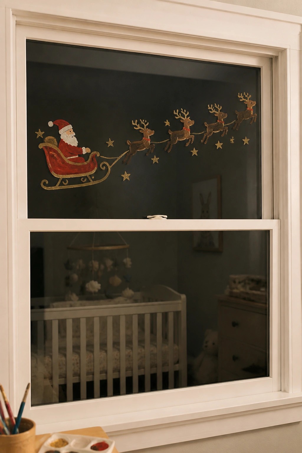 Santa's sleigh and reindeer painted on window above nursery crib and mobile