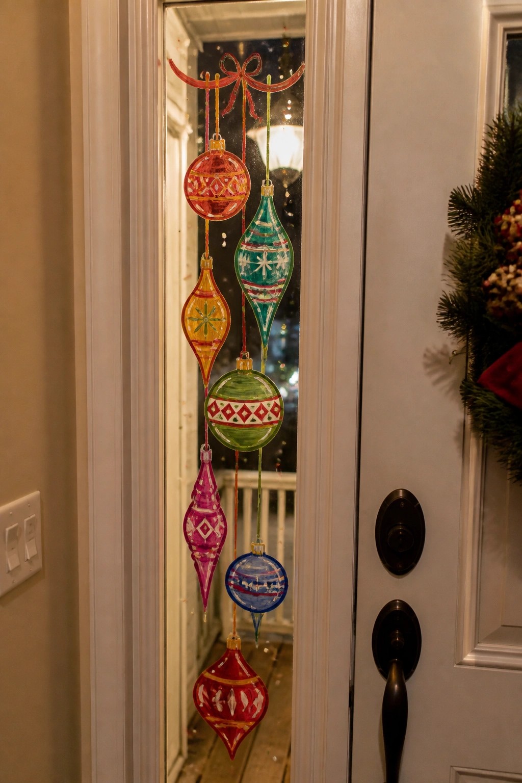 Colorful hand-painted Christmas ornaments hanging vertically on glass door window
