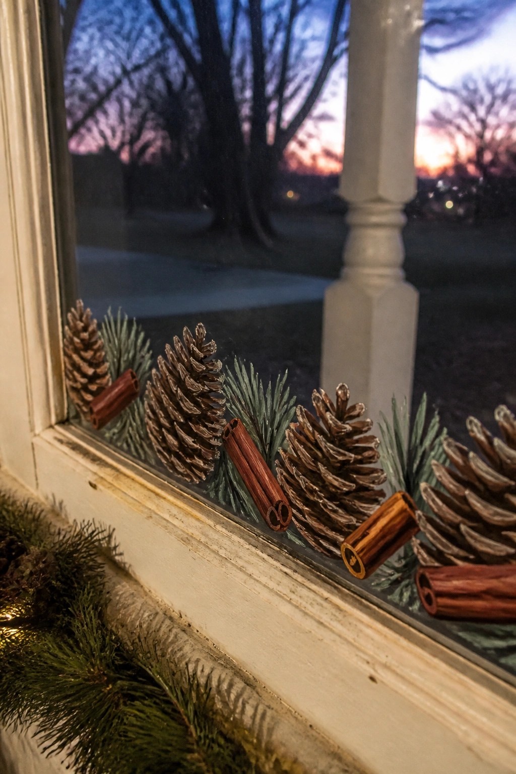 Pinecones and cinnamon sticks decorate a windowsill with a twilight view outside
