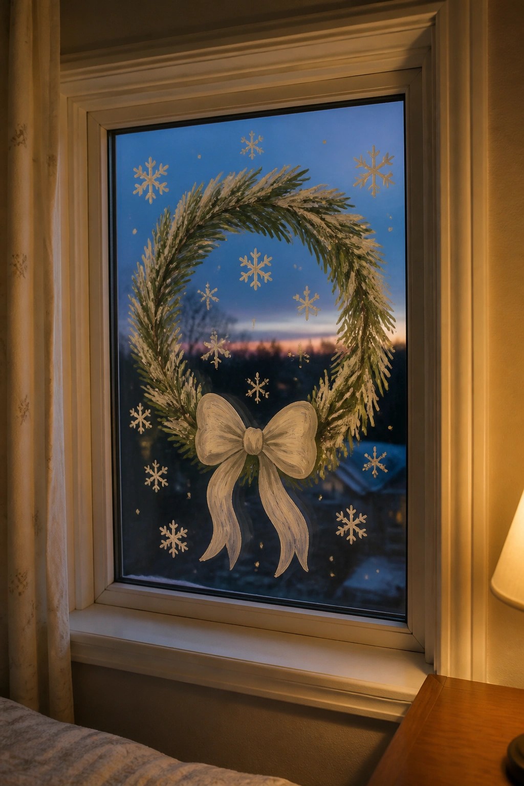 Painted Christmas wreath with bow and snowflakes on window at dusk.