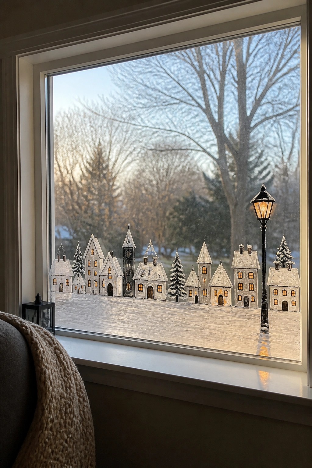 A large window with a hand-painted snowy village scene of houses, trees, and a clock tower on the glass, viewed from inside a room.