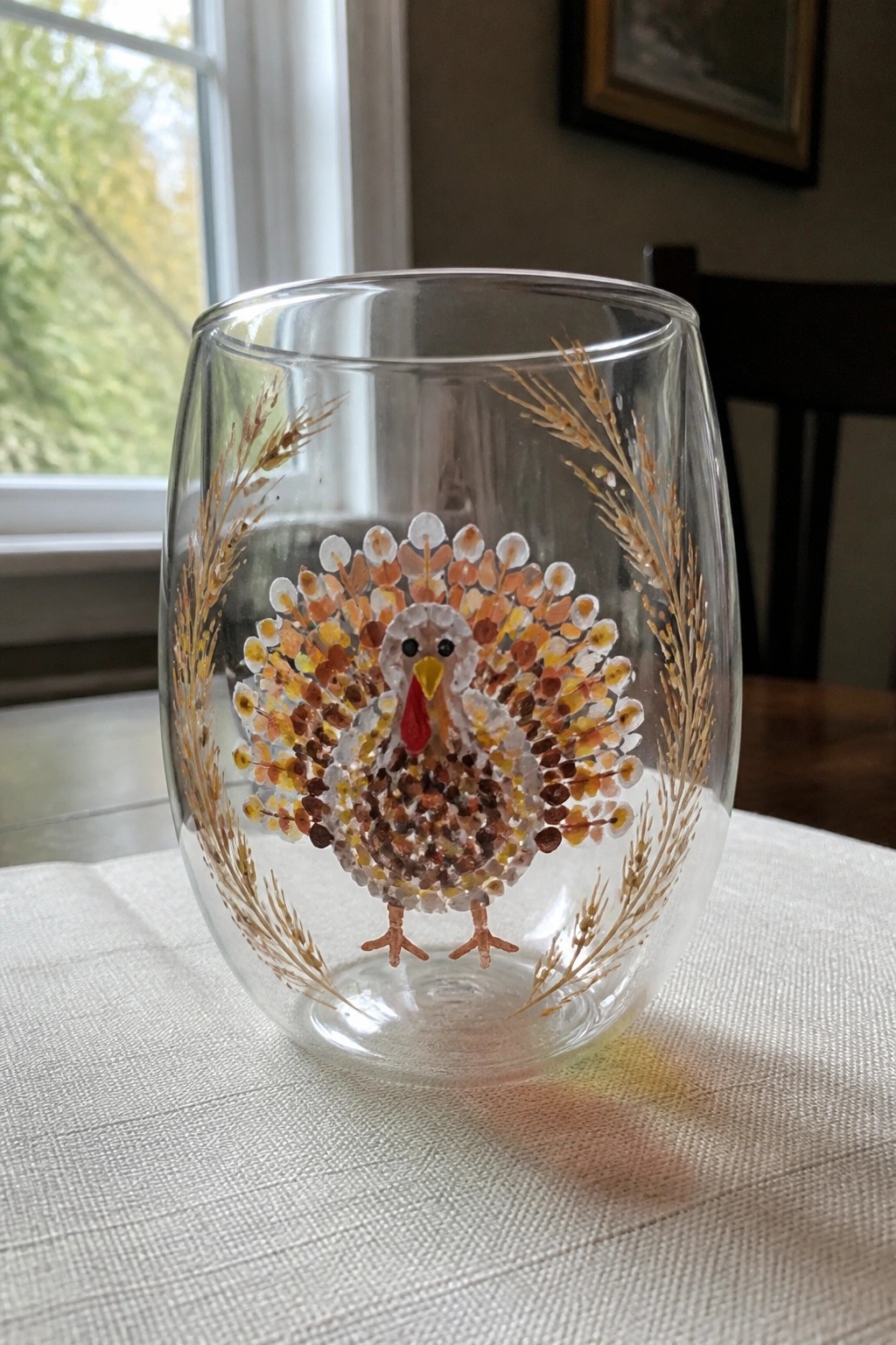 Clear stemless glass with colorful dot-painted turkey and golden wheat stalks on table