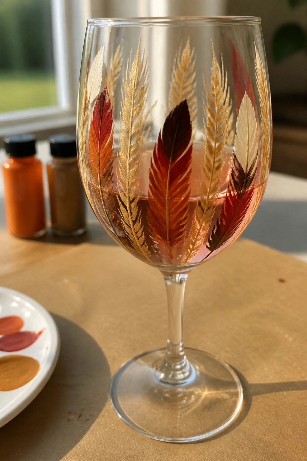 Painted wine glass with red and gold feathers beside paint jars and palette