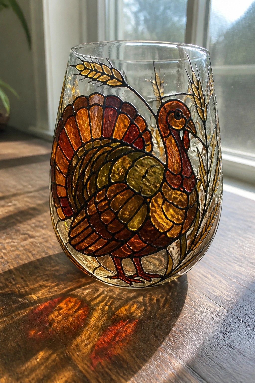 Stained-glass turkey in warm autumn colors on a clear stemless wine glass