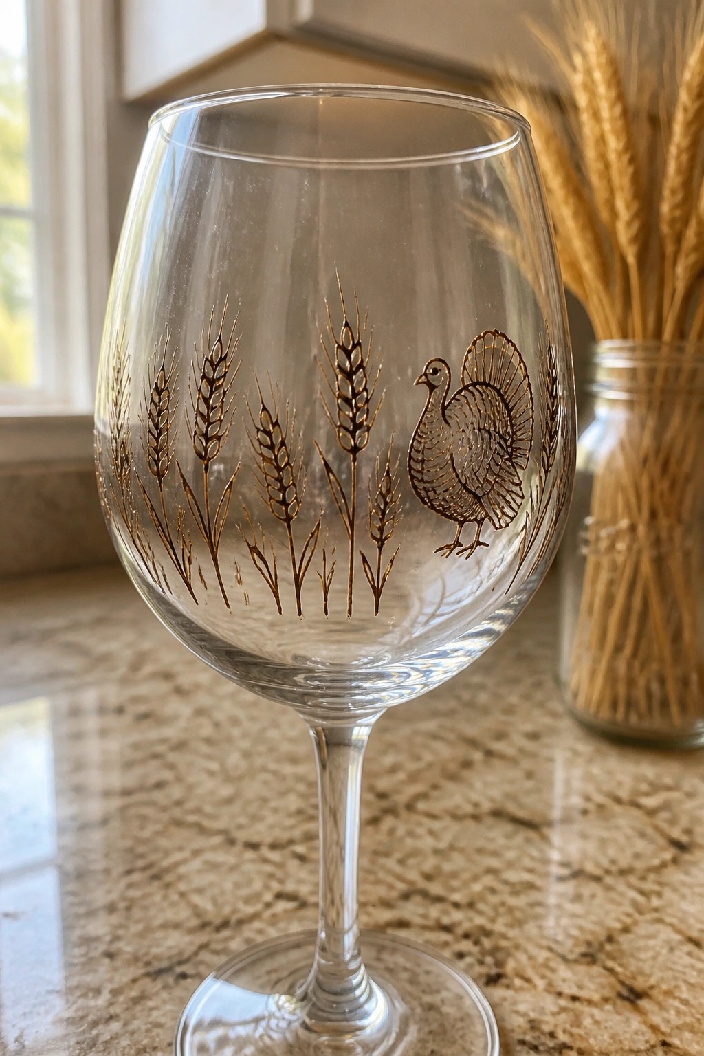 Clear wine glass with golden turkey and wheat etchings on marble counter