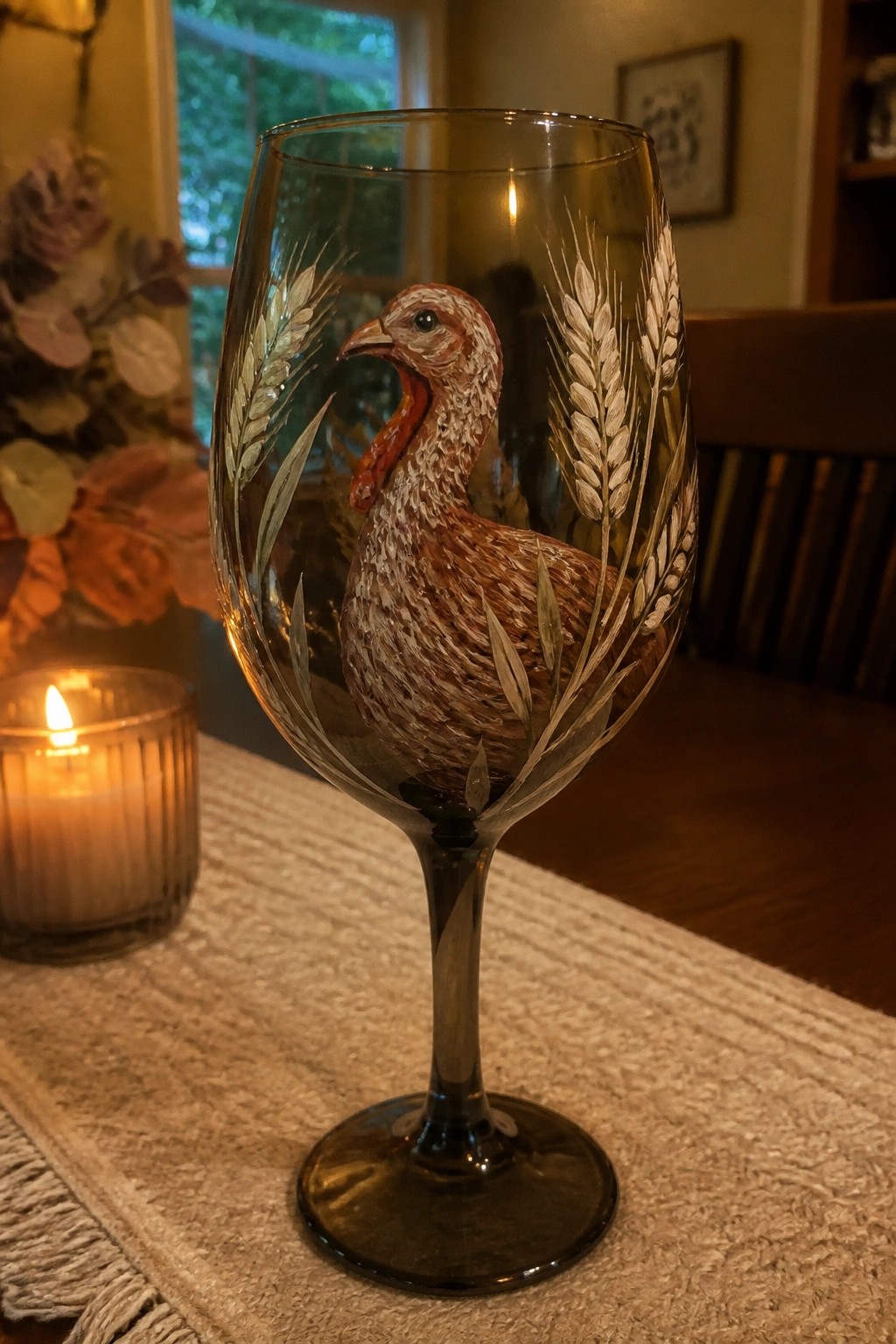 Hand-painted wine glass with turkey and wheat stalks beside lit candle.