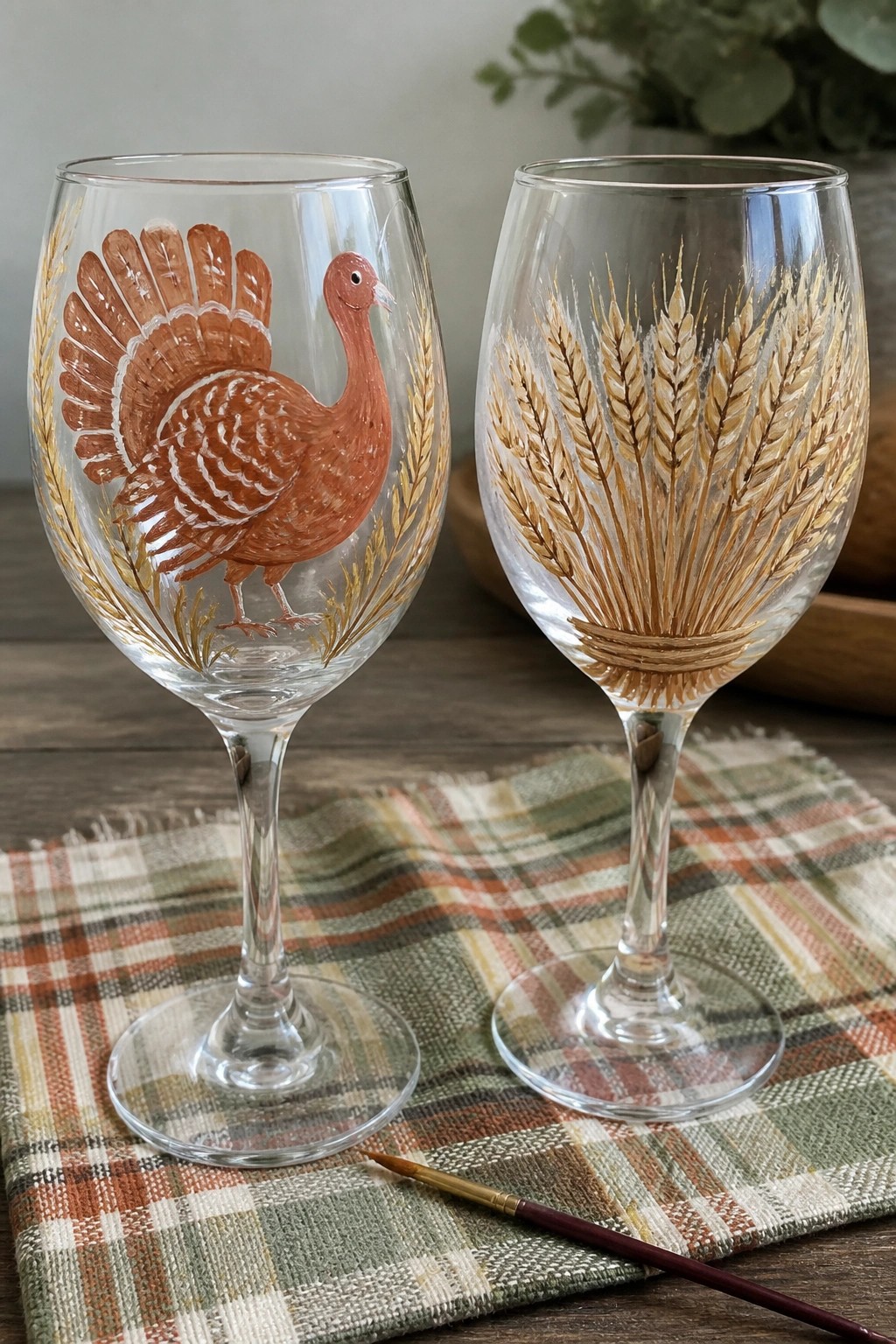 Two wine glasses hand-painted with turkey and wheat on plaid cloth beside brush