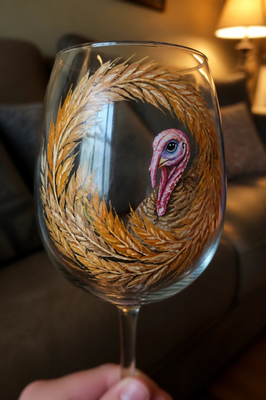 A hand holds a clear wine glass painted with a turkey and a wreath of wheat stalks.