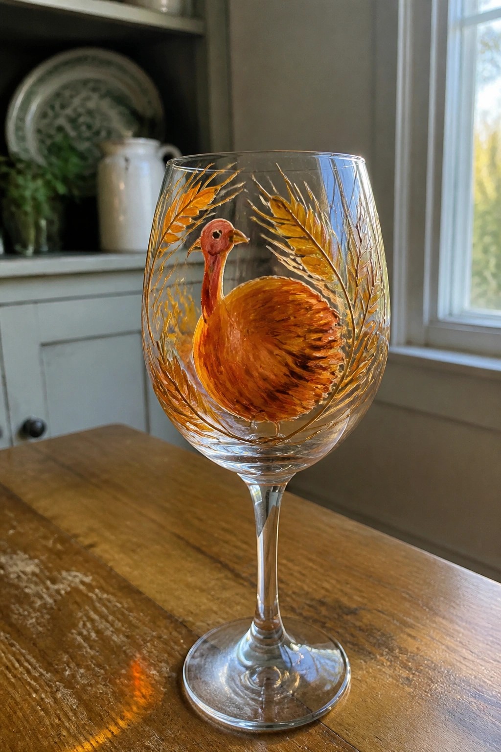 Wine glass hand-painted with turkey and golden wheat on wooden table