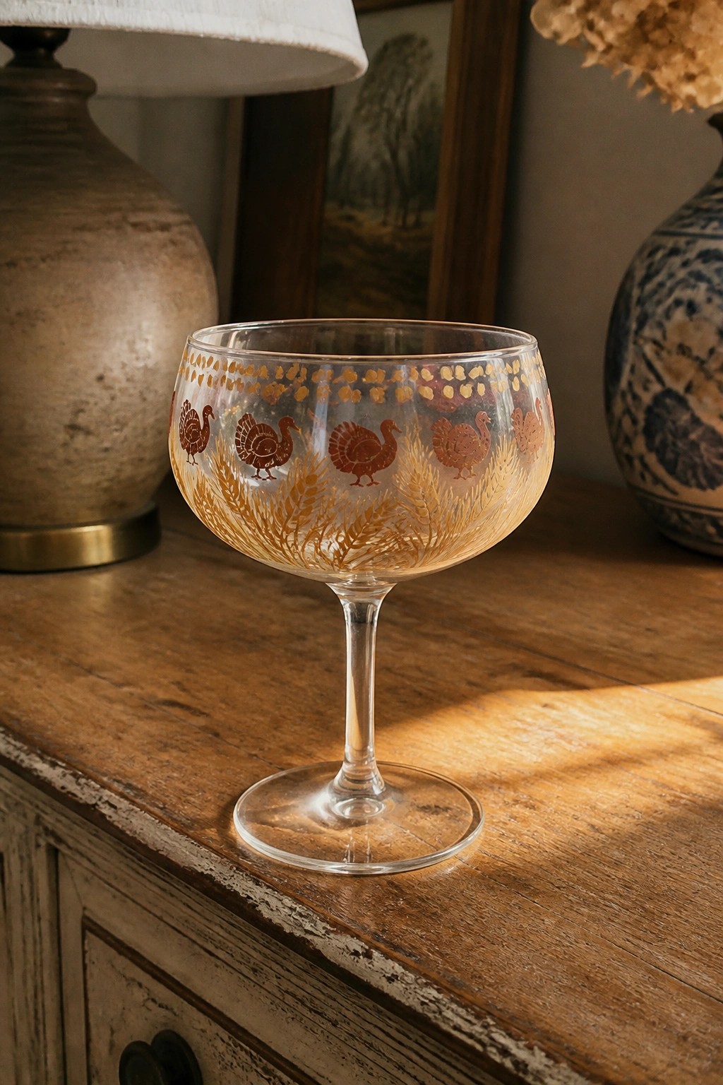 Etched glass goblet with brown turkeys and golden wheat on wooden table