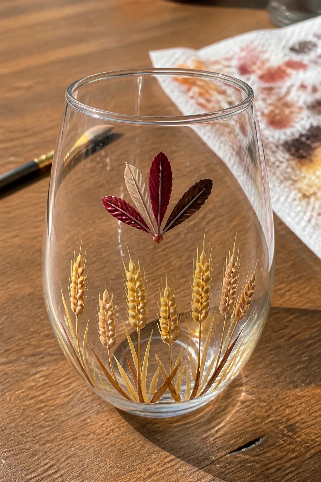 Stemless glass painted with wheat stalks and colorful leaves on wooden table