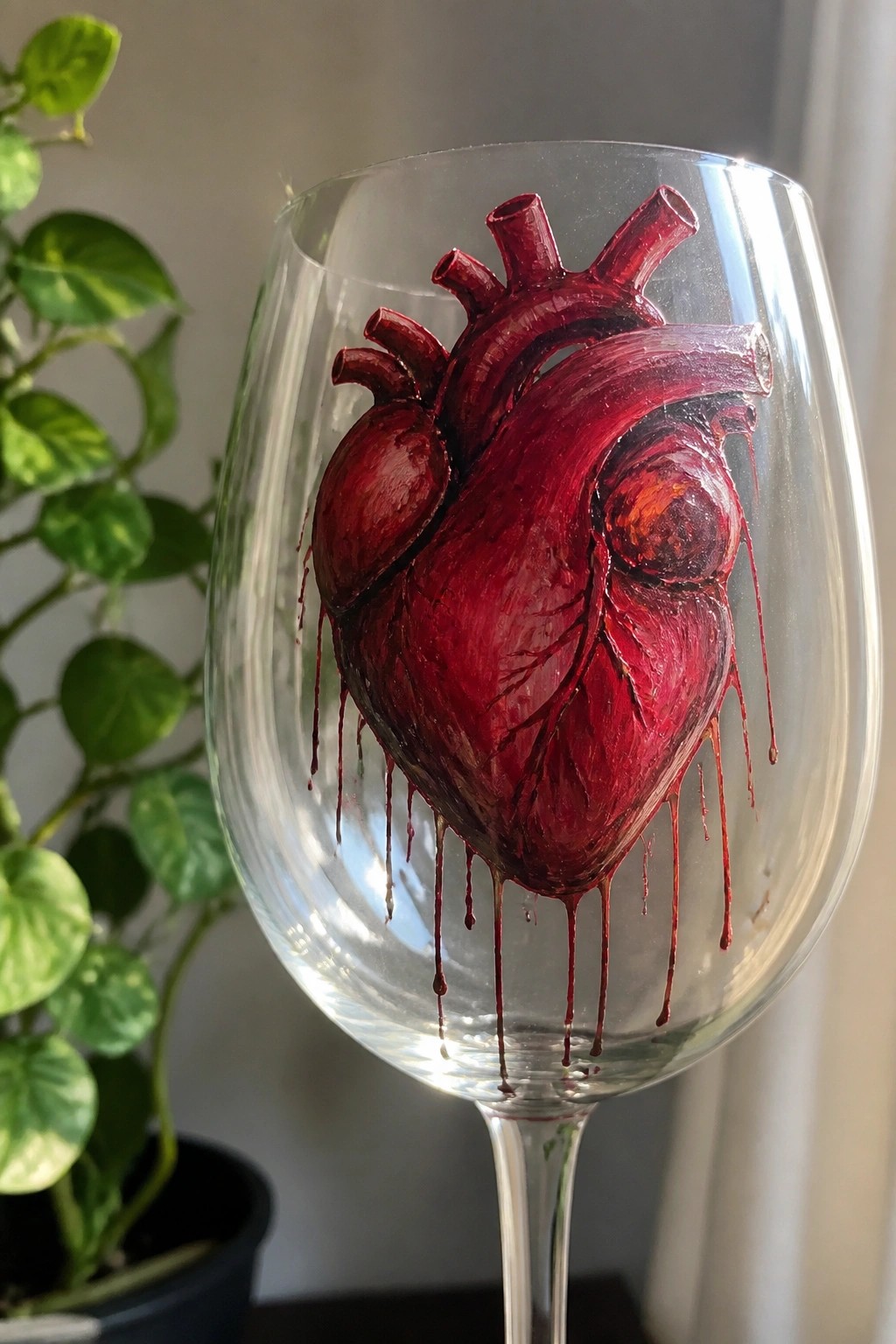 Clear wine glass with dripping red anatomical heart painting and blurred green plant backdrop