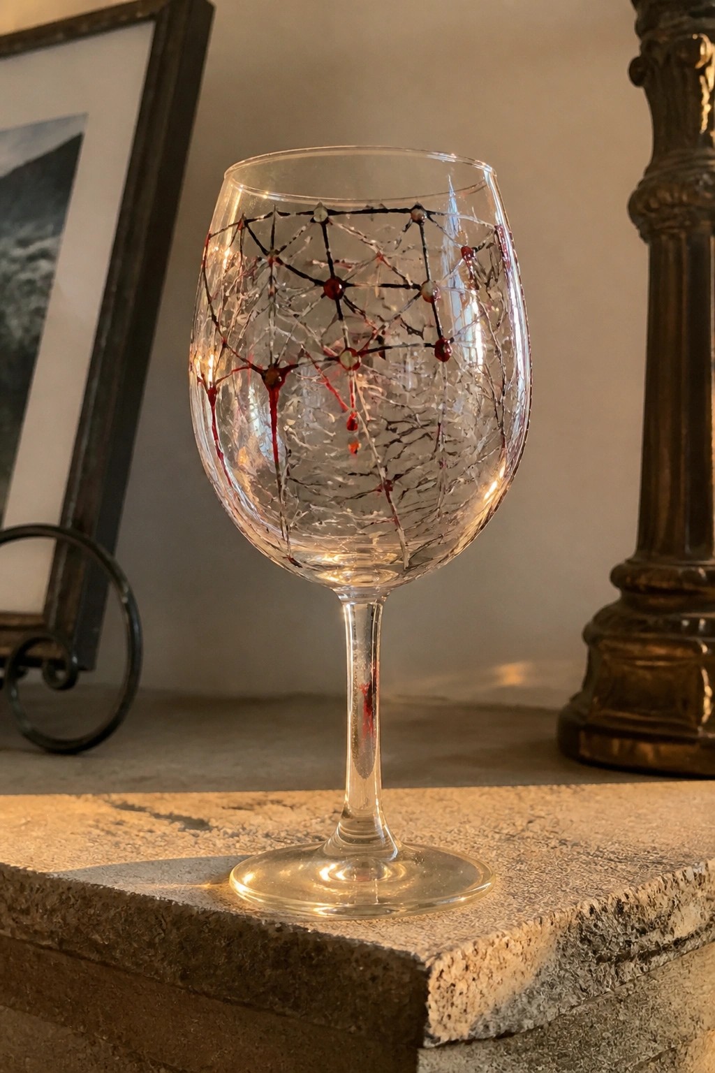 Wine glass with black web pattern, red accents, and drips on stone ledge