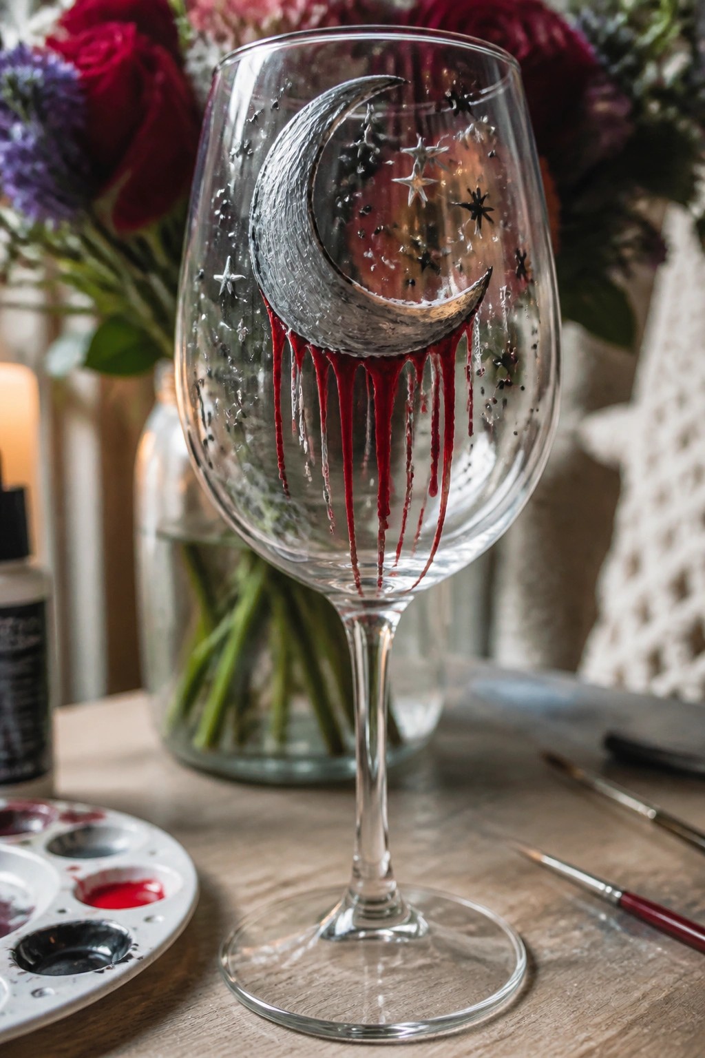 Painted wine glass with silver crescent moon, stars, and red dripping paint.
