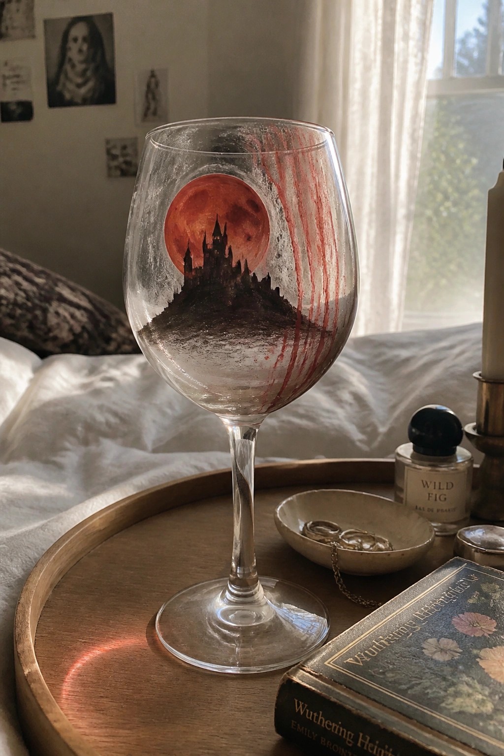 Painted wine glass with castle and blood moon on wooden tray beside book