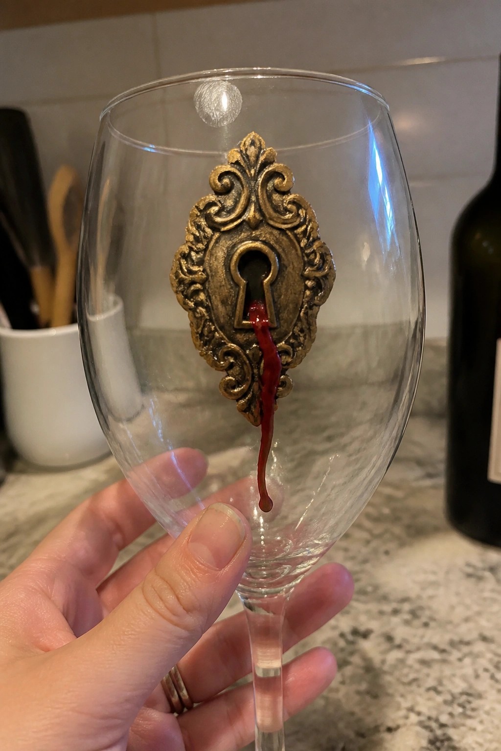 Hand holding wine glass with ornate keyhole dripping red wine from lock
