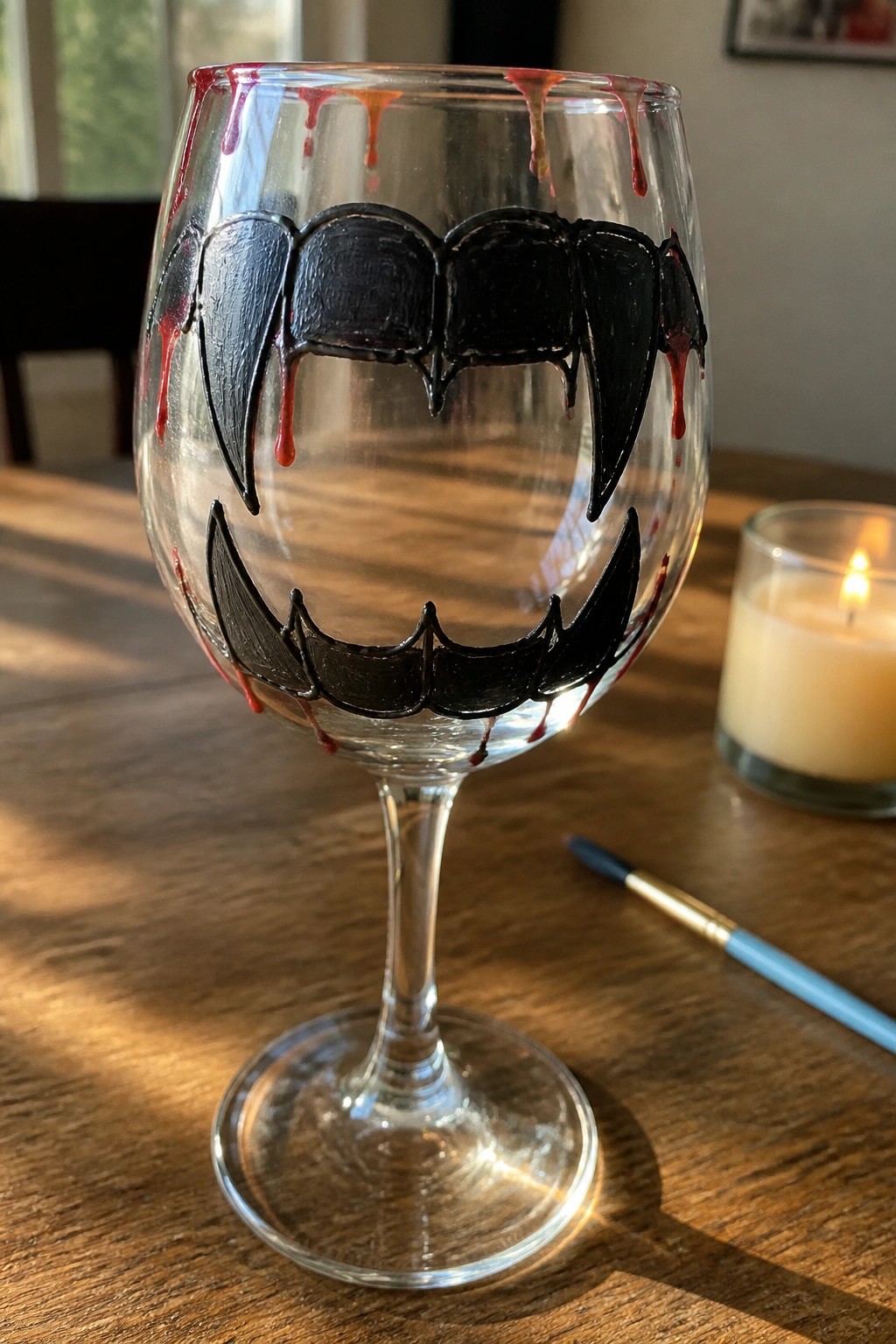 A clear wine glass with black painted vampire fangs and red drips sits on a wooden table beside a lit candle and paintbrush.