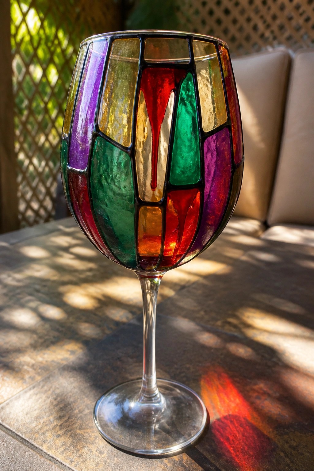 Colorful stained glass wine goblet on sunlit outdoor table casting vibrant shadows