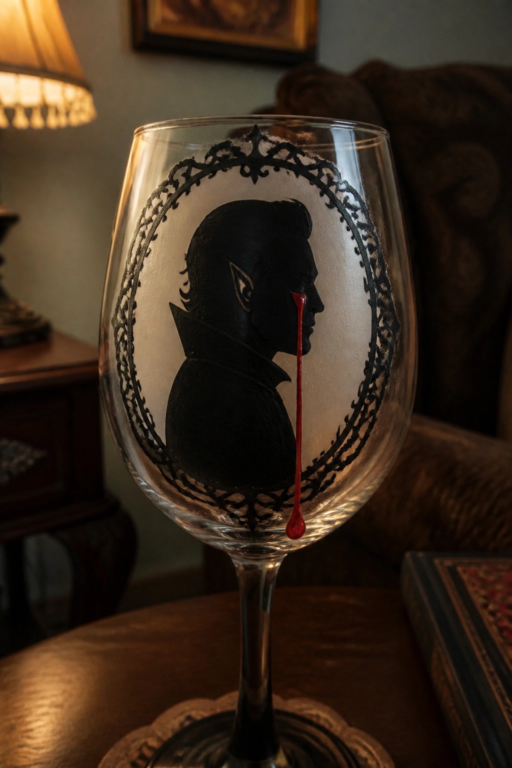 Wine glass with black vampire silhouette in ornate frame and red blood drip