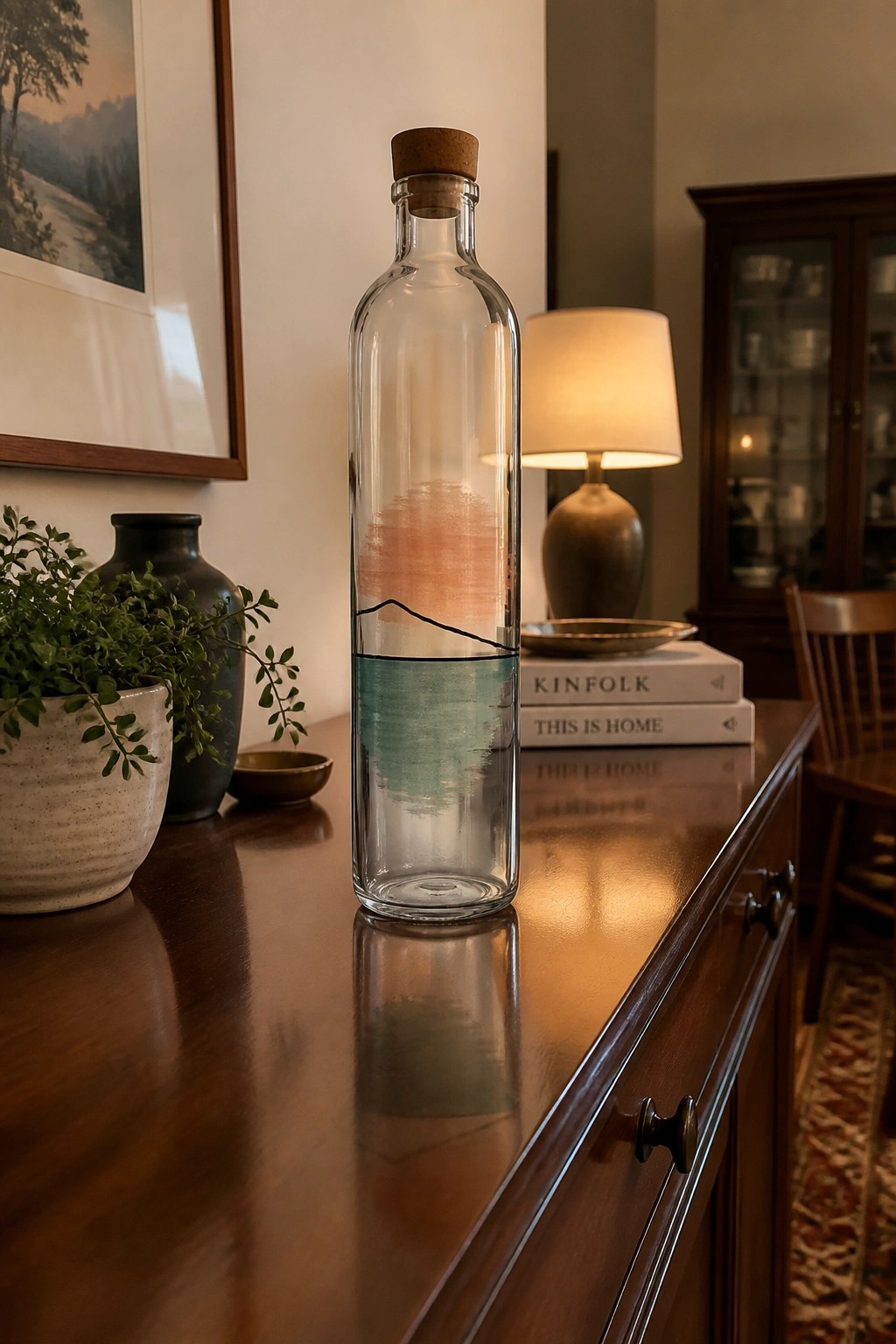 Glass bottle with mountain landscape painting on wooden table beside books and plant