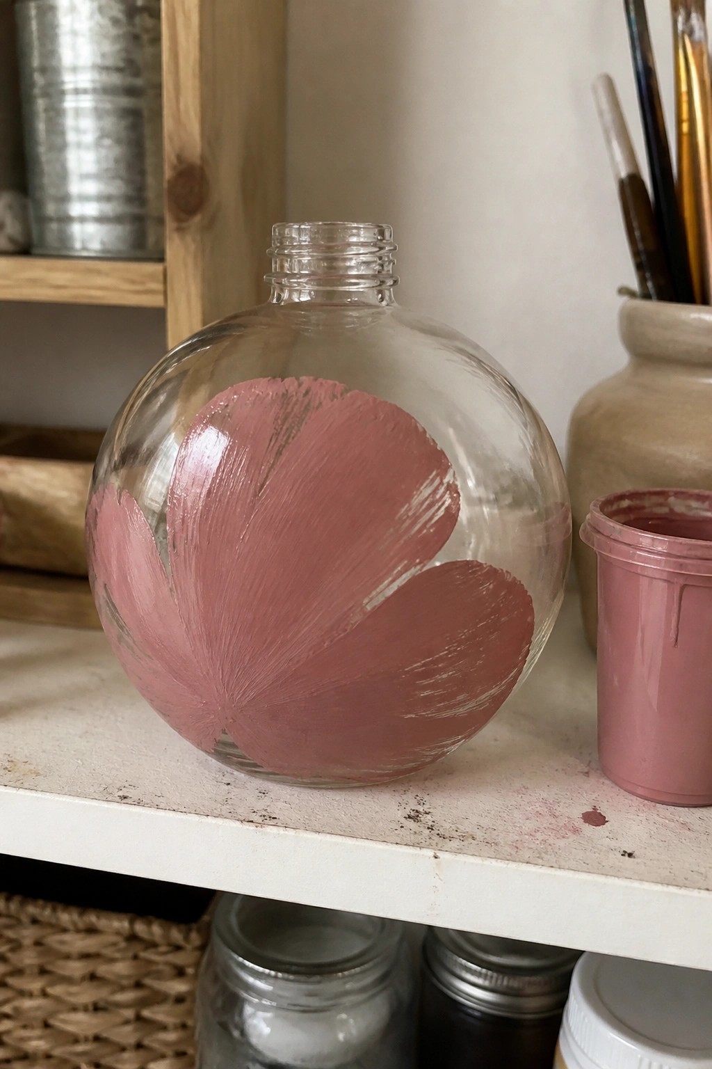 Glass bottle with pink brushstroke design on white shelf beside paint pot
