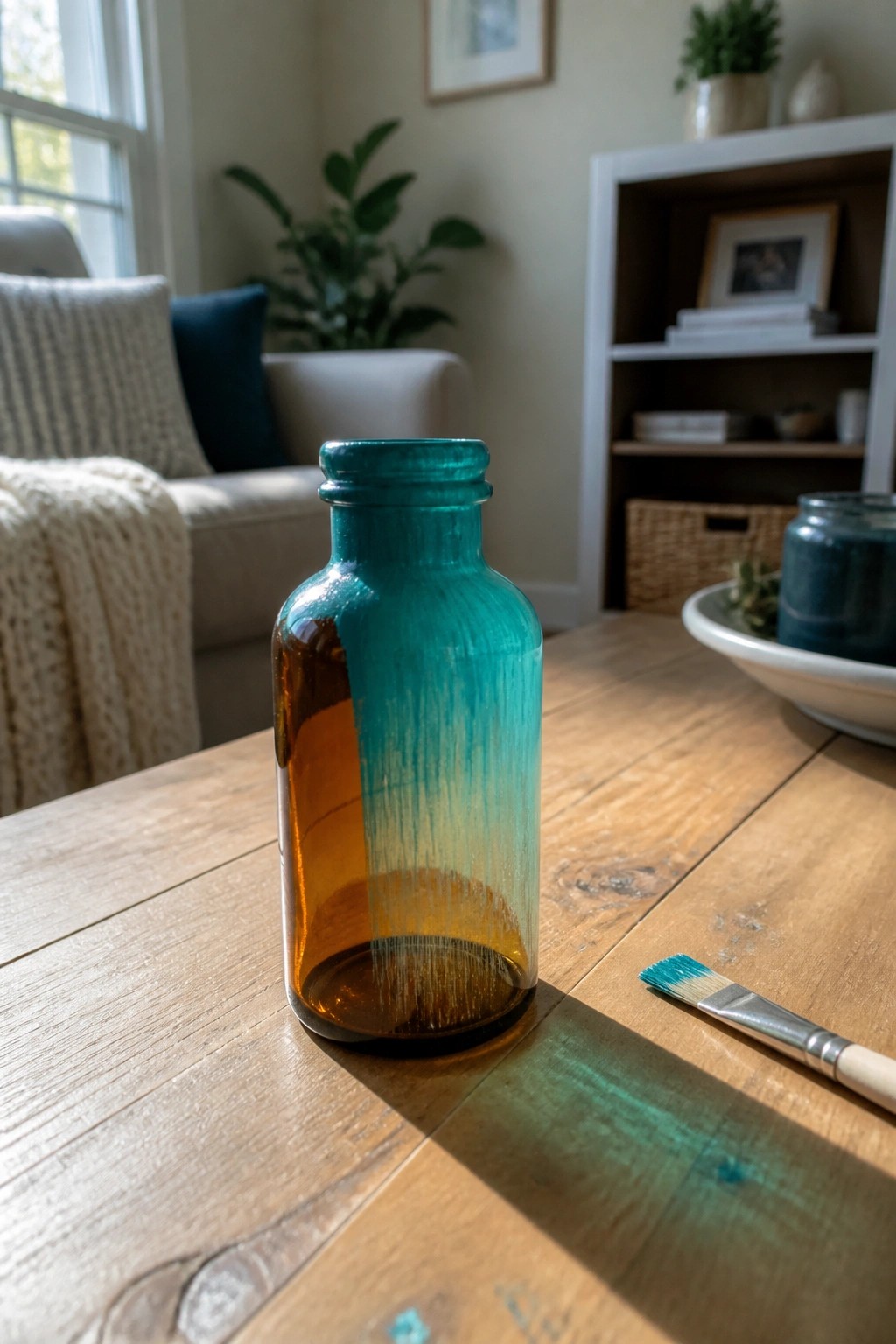 Partially turquoise-painted amber glass bottle and brush on wooden table