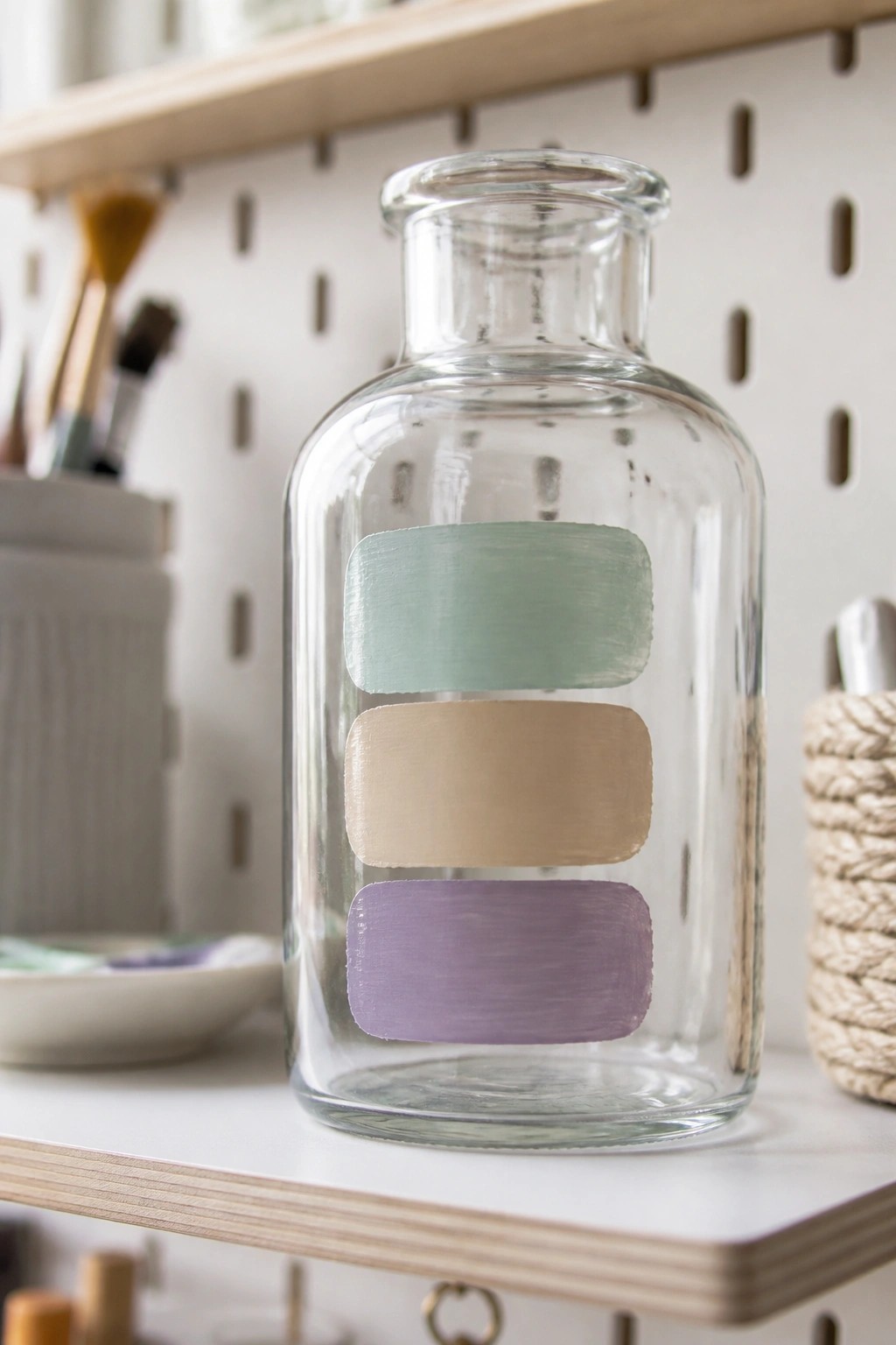 Clear glass bottle with green, beige, and purple paint stripes on shelf