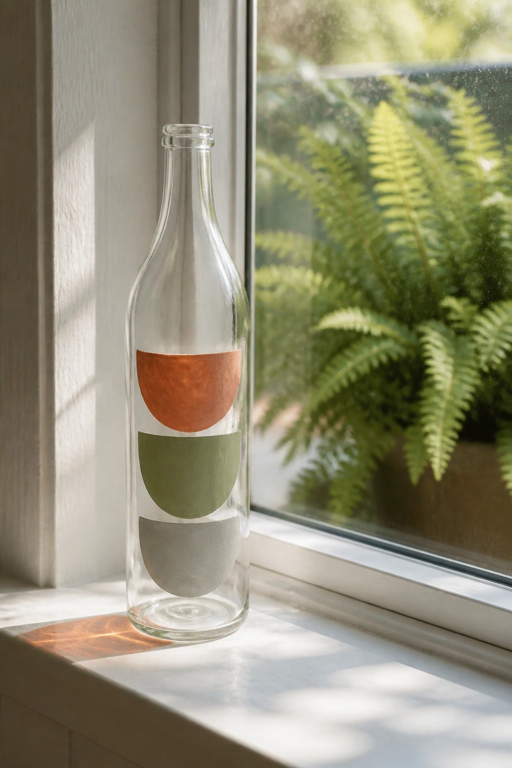 Clear glass bottle with orange, green, and gray semicircle designs on sunny windowsill