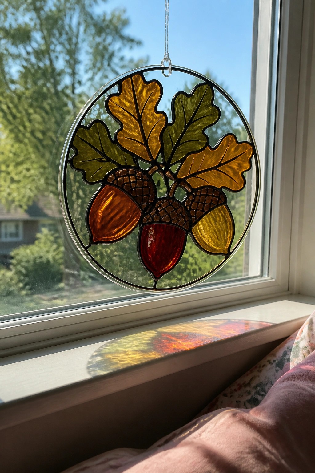 Stained glass oak leaves and acorns hanging in a window, sunlight casting colorful shadows.