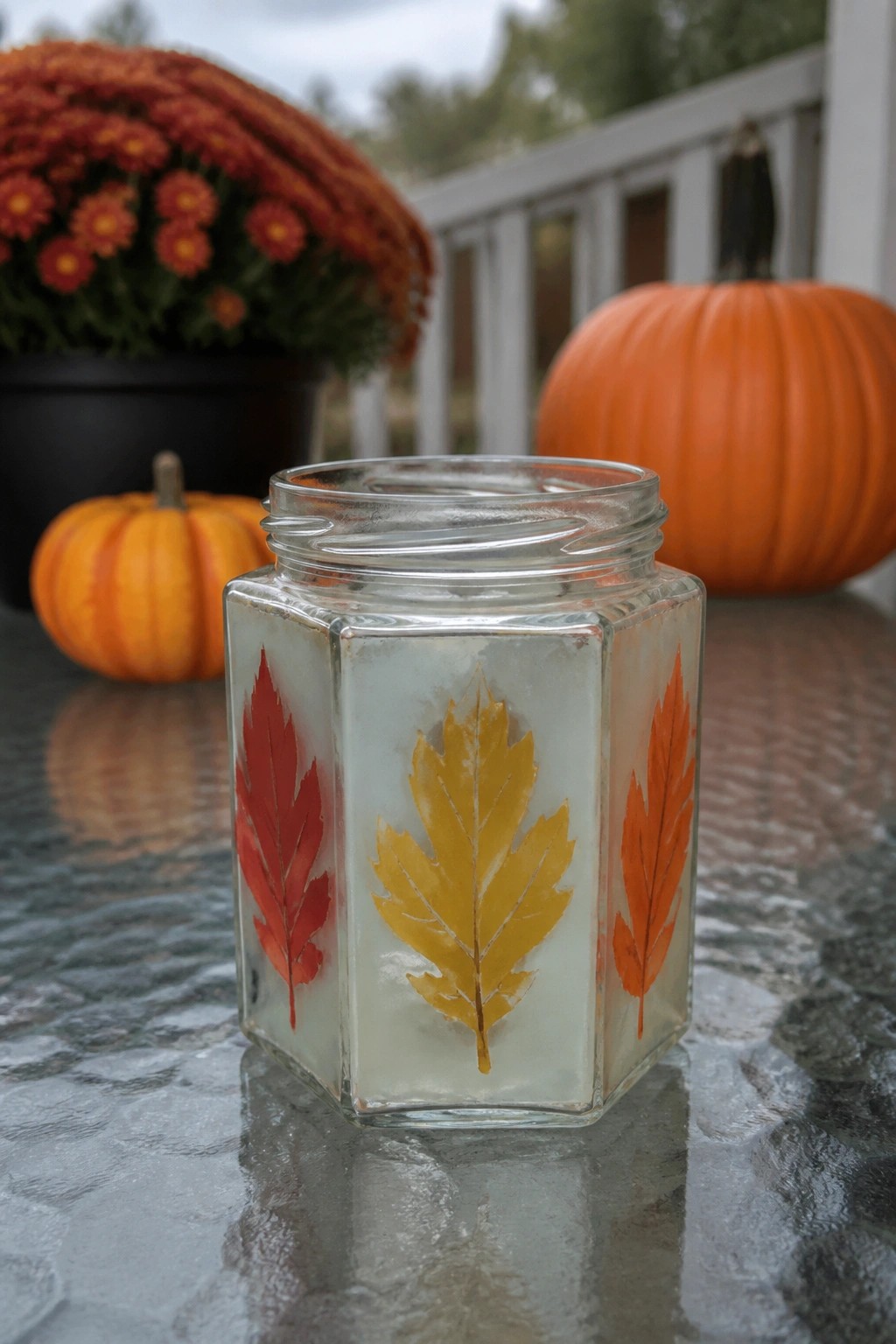 Square glass jar with red, yellow, and orange leaf prints near pumpkins
