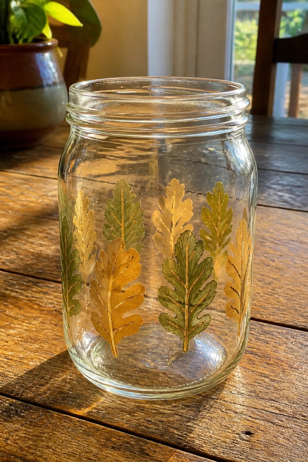 Clear glass jar with gold and green oak leaf designs on wooden table.