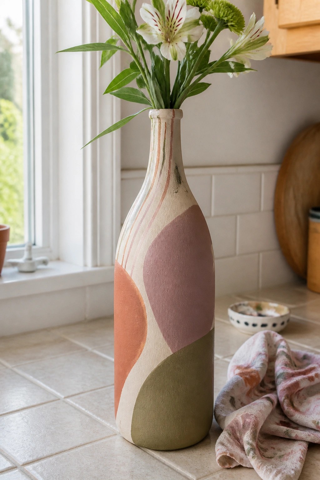 Abstract-patterned vase with flowers on a tiled kitchen counter beside floral cloth