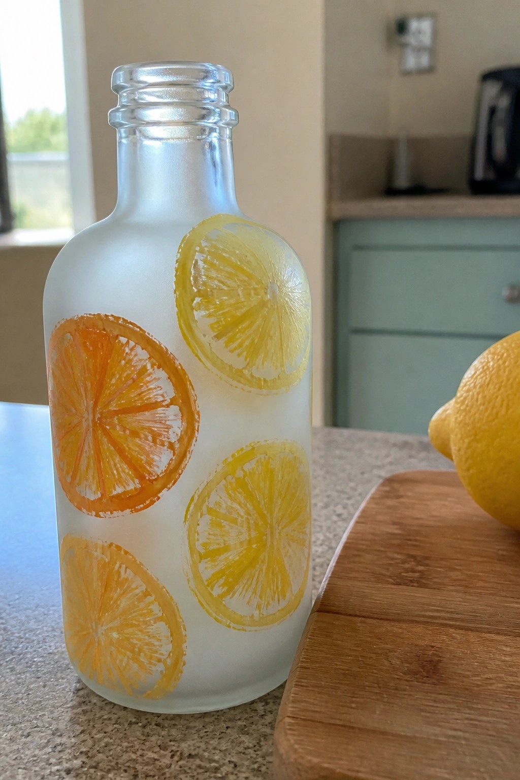 Frosted glass bottle painted with citrus slices beside fresh lemon on wooden board