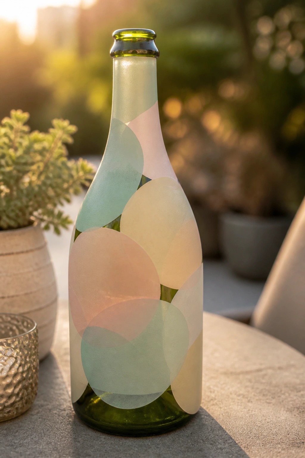 Frosted green bottle with pastel overlapping circles on sunlit outdoor table