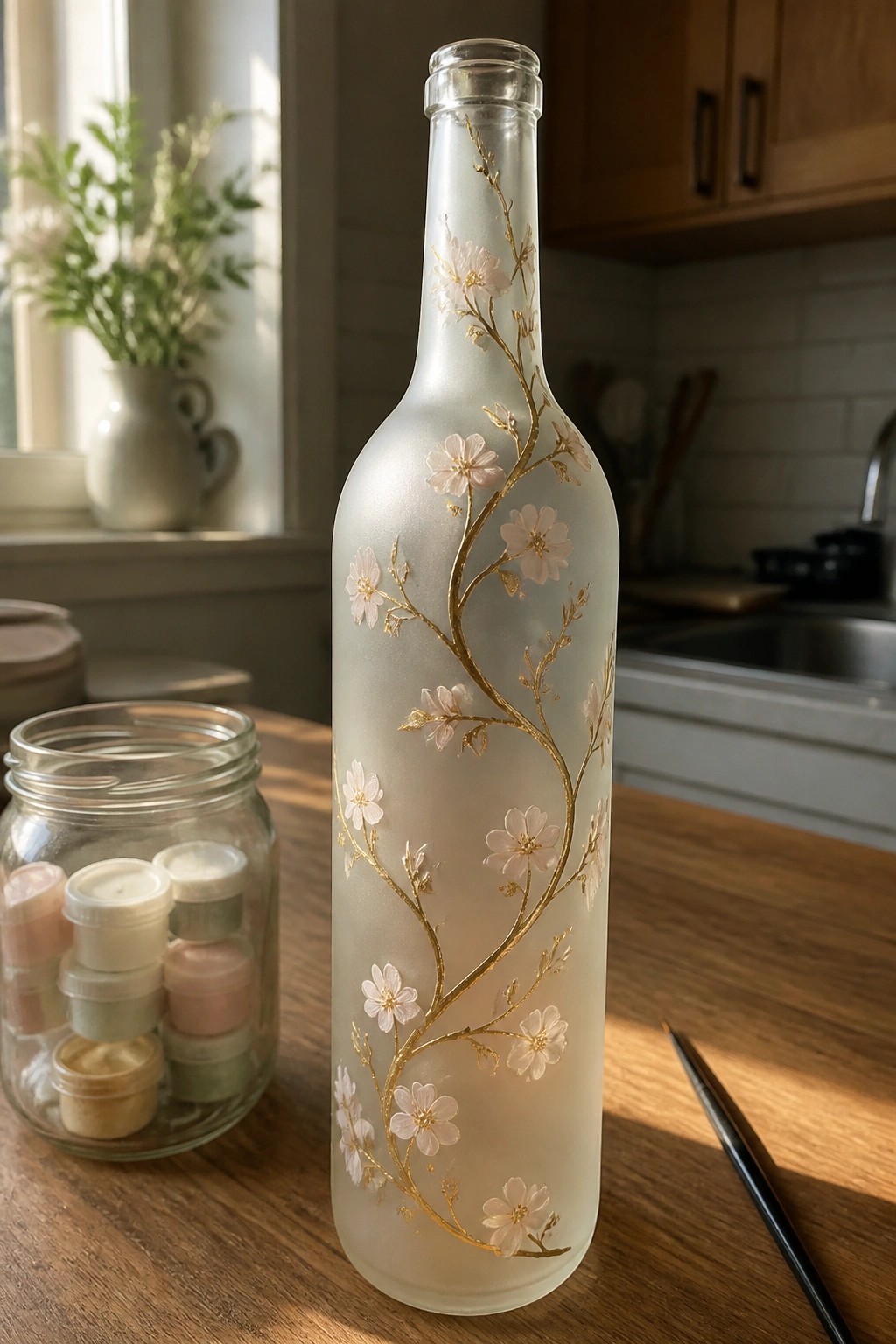 Frosted bottle with gold cherry blossoms beside paint jar and brush on wooden table