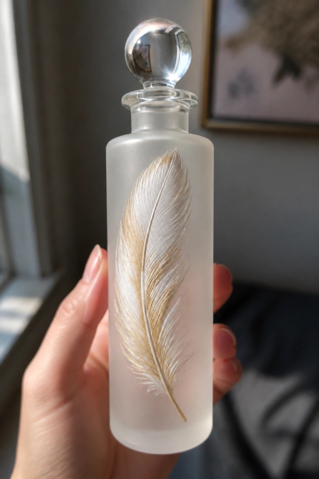 Hand holding frosted glass bottle with white and gold feather design