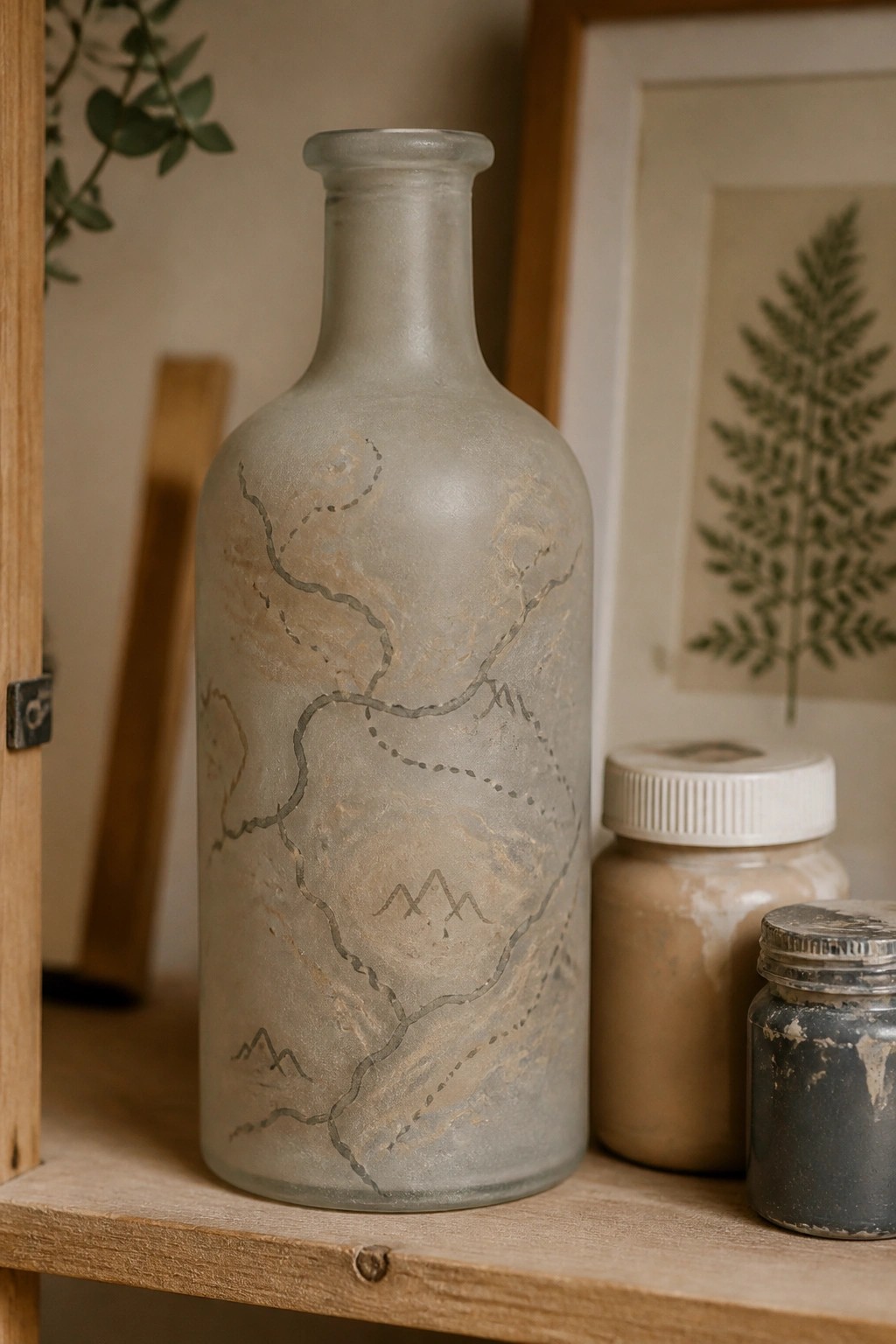 Frosted glass bottle etched with map and mountains on wooden shelf beside jars