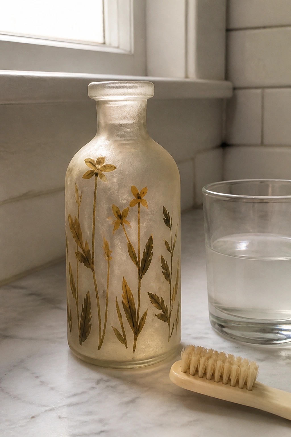 Frosted bottle with golden flowers beside water glass and brush on marble counter