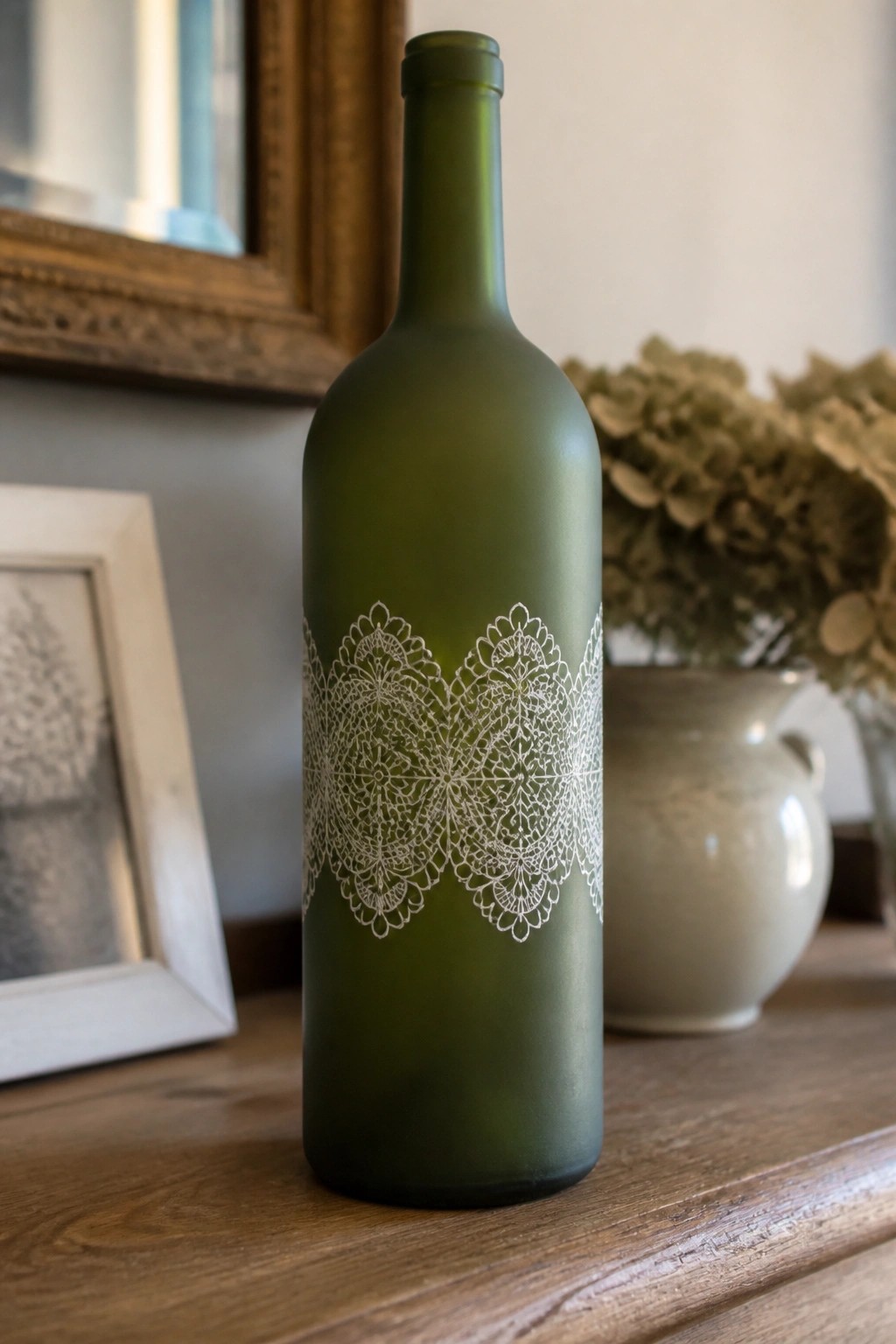 Frosted green wine bottle with white lace pattern on wooden table with vases