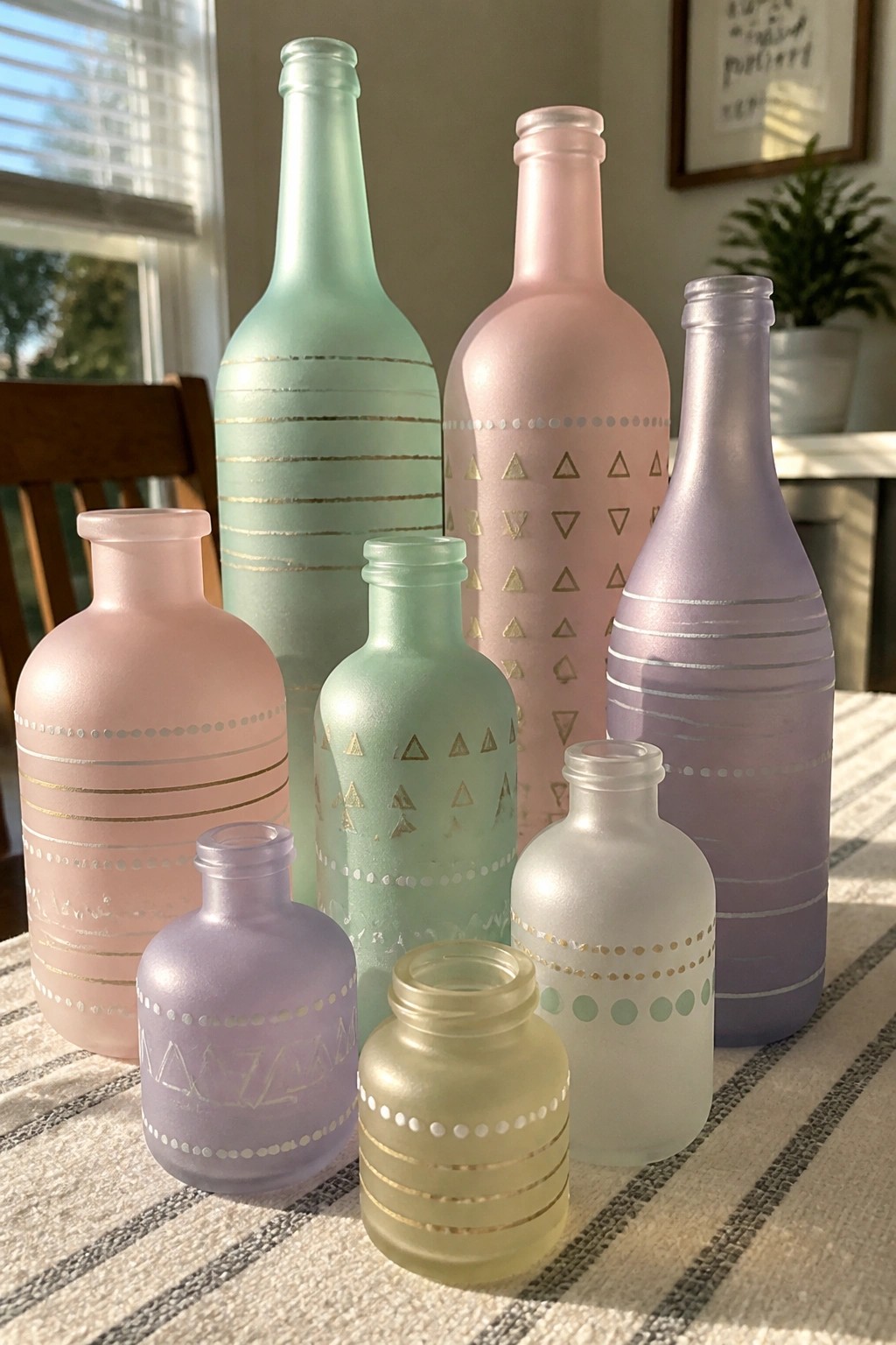 Pastel frosted bottles with gold and silver patterns on striped tablecloth