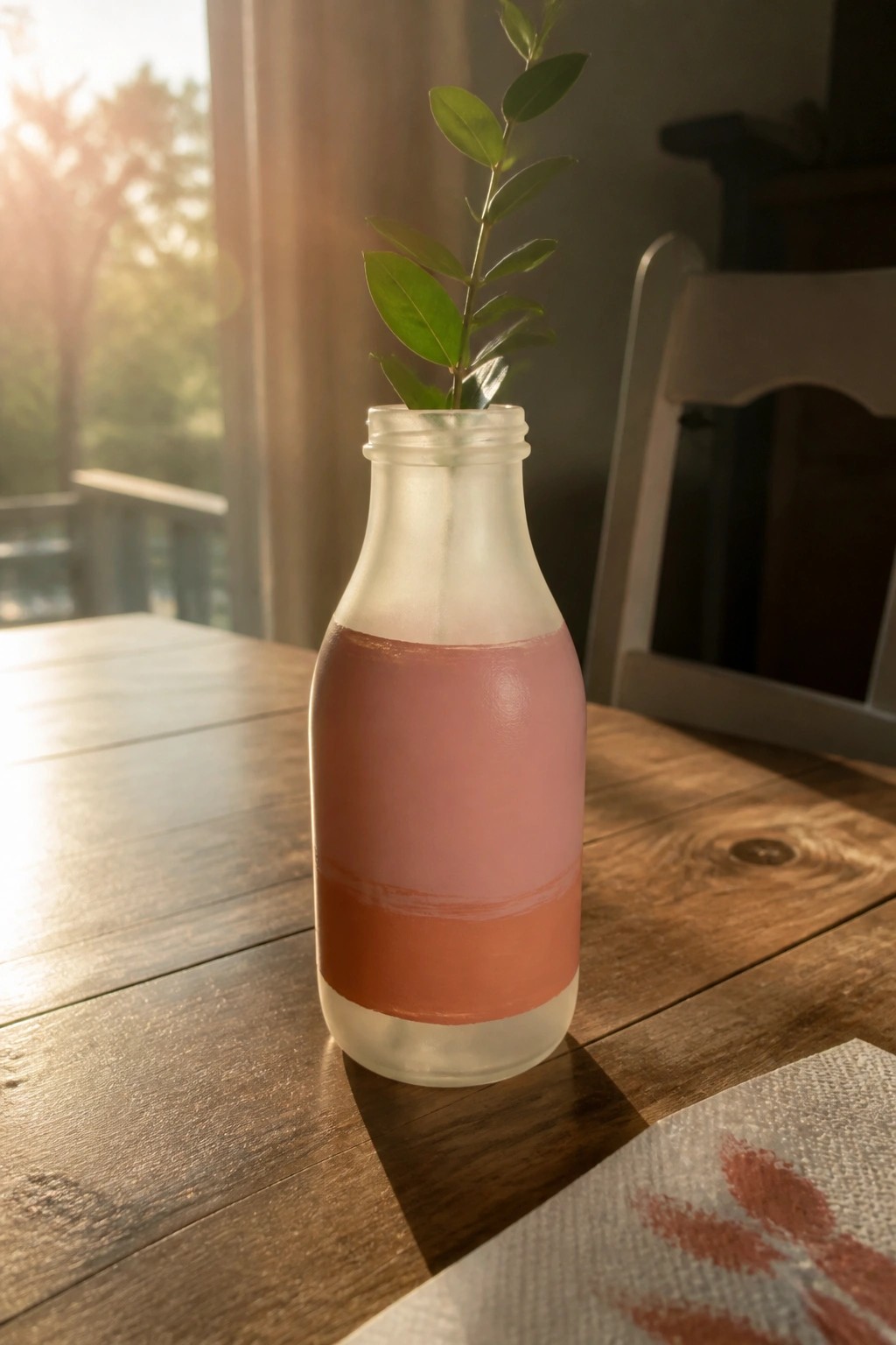 Frosted pink-and-orange glass bottle holding green leaves on sunlit wooden table