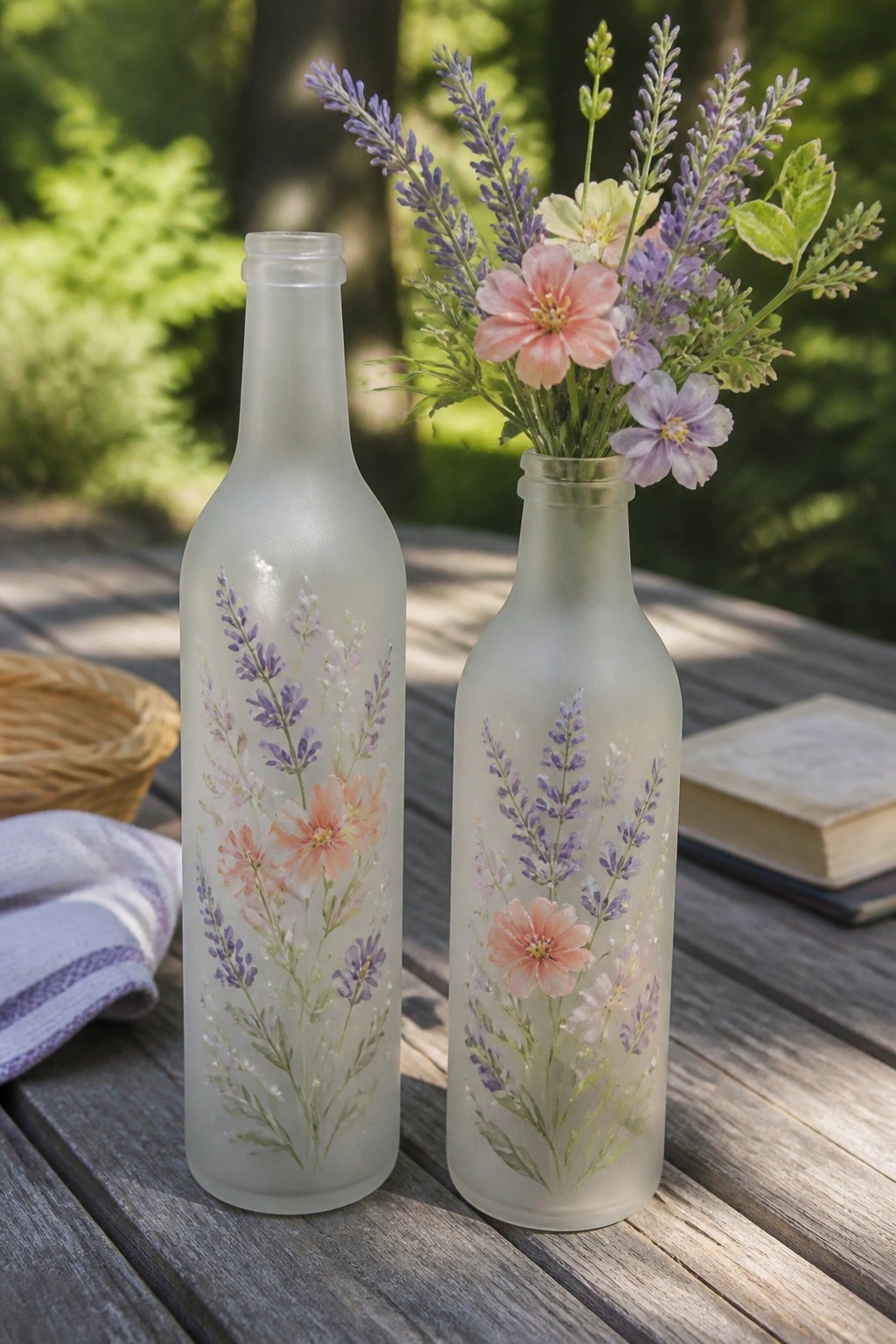 Two frosted bottles with floral designs on wooden table, one holding bouquet