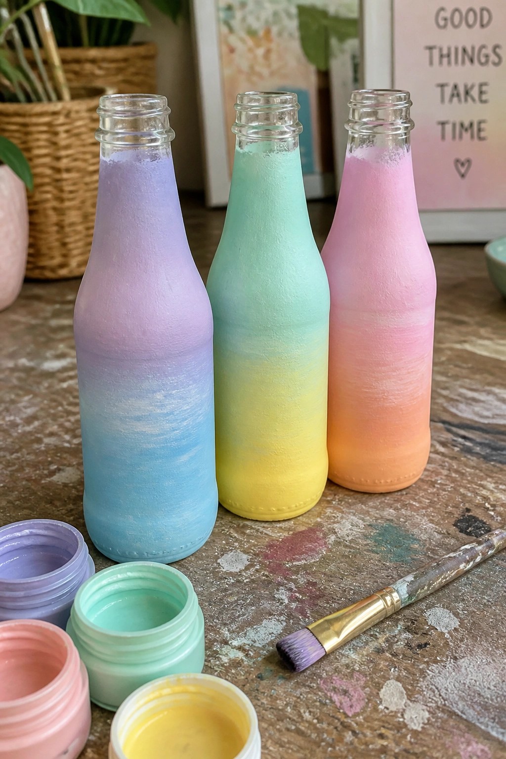 Three gradient-painted pastel bottles with open paint pots and brush on wood
