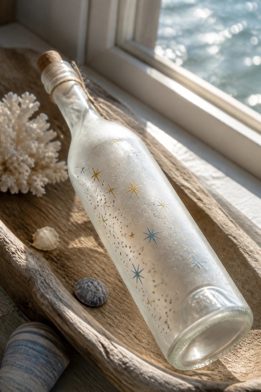 Star-decorated glass bottle on rustic wooden tray with seashells by ocean window