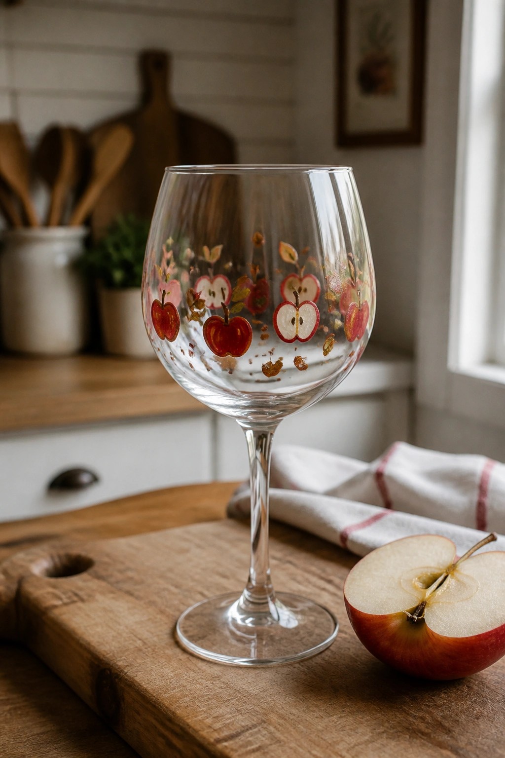 Decorated wine glass with red apples beside sliced apple on wooden cutting board