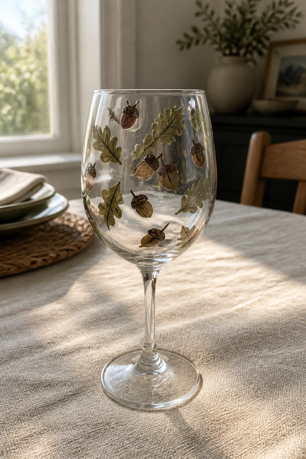 Decorated wine glass with acorns and oak leaves on sunlit linen tablecloth