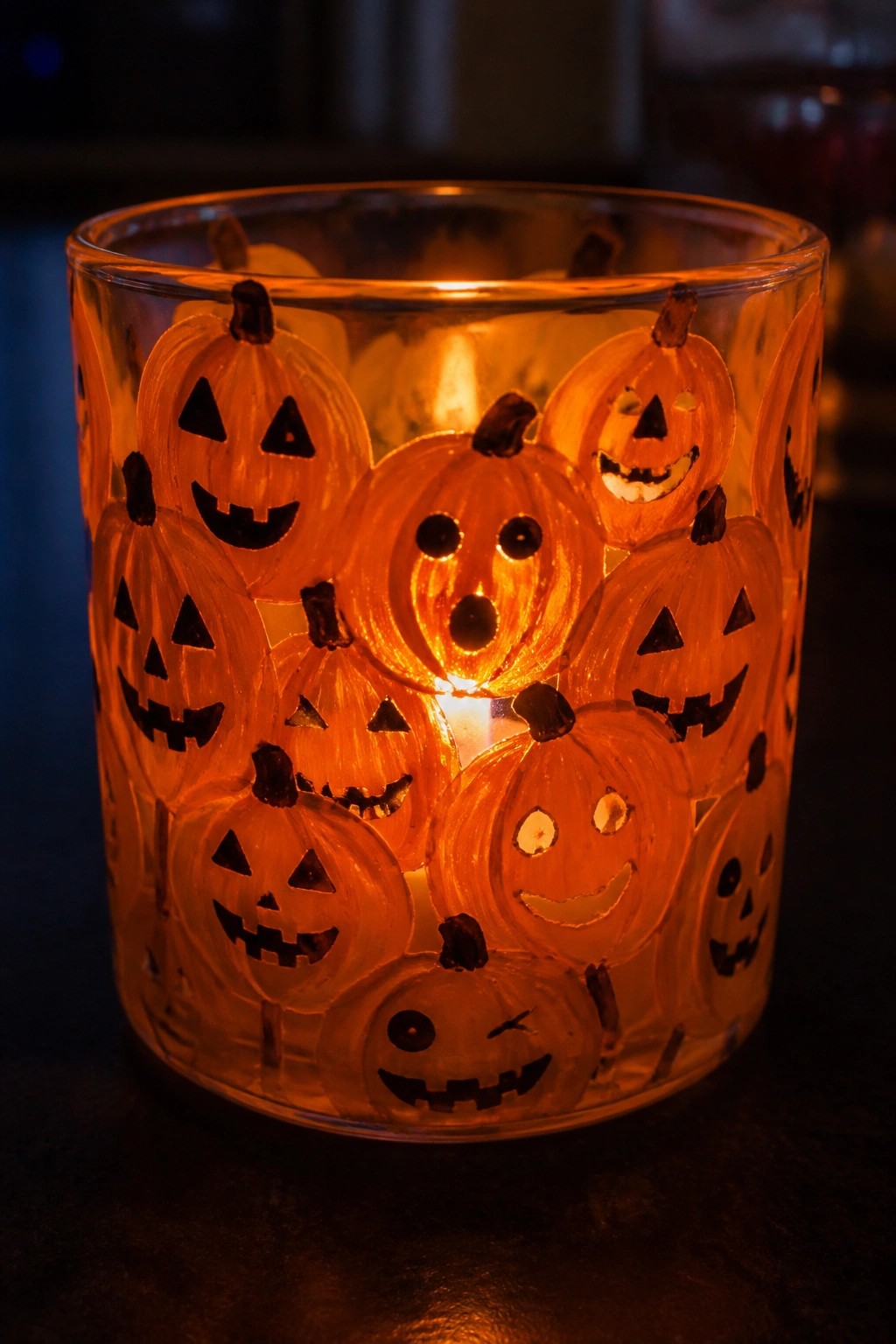 Glowing glass candle holder covered in painted orange jack-o'-lantern faces