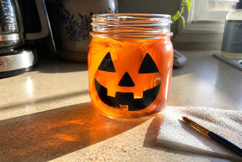 23 Bold Pumpkin Glass Painting Ideas Centered on Carved Pumpkin Faces Orange-painted mason jar jack-o'-lantern beside paintbrush on kitchen counter